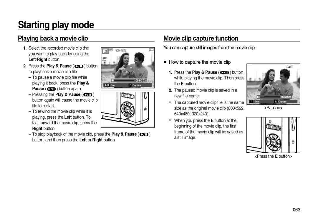 Samsung EC-I85ZZSBB/SP Playing back a movie clip, Movie clip capture function, Select the recorded movie clip that, Pause 