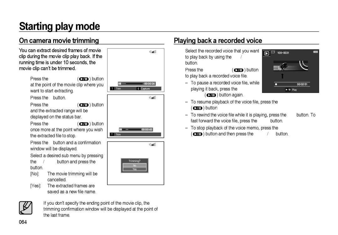 Samsung EC-I85ZZSWA/TW, EC-I85ZZRBA/E2 manual On camera movie trimming Playing back a recorded voice, Press the Play & Pause 