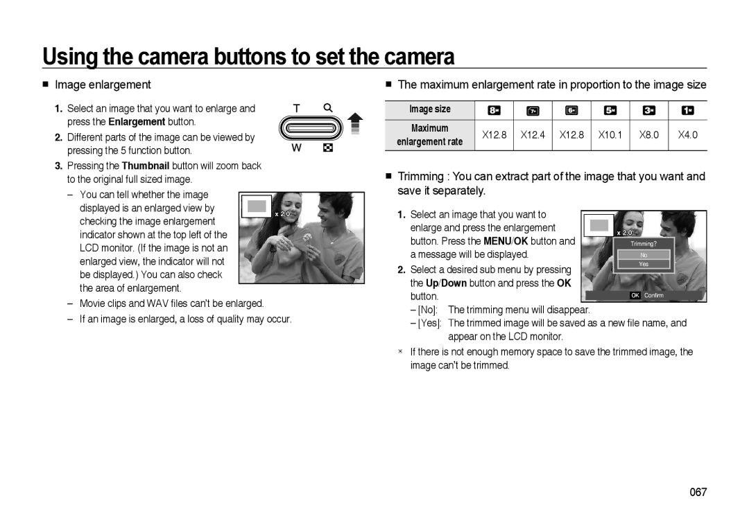 Samsung EC-I85ZZBWB/RU manual  Image enlargement, Image size Maximum, X12.8 X12.4 X12.8 X10.1 X8.0, Enlargement rate 