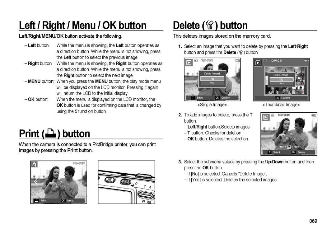 Samsung EC-I85ZZRAA, EC-I85ZZRBA/E2, EC-I85ZZGBA/E2 manual Left / Right / Menu / OK button, Delete button, Print button 