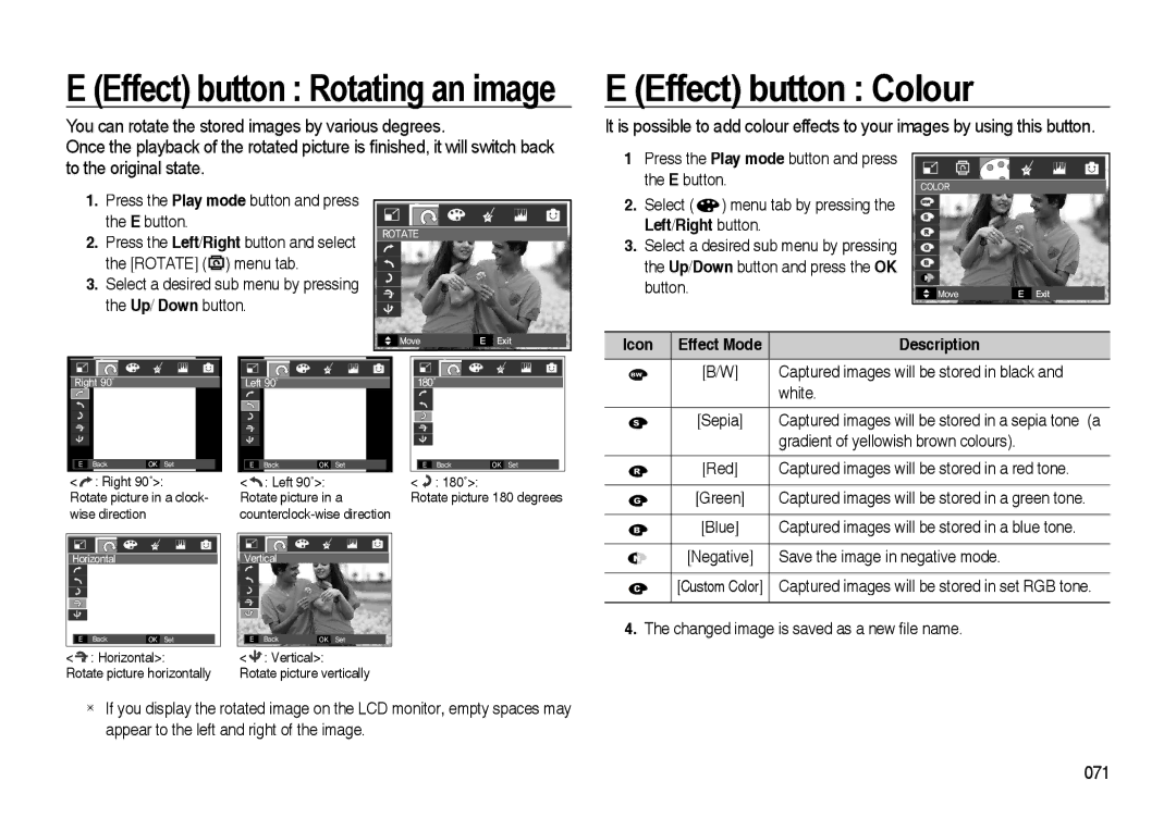 Samsung EC-I85ZZSBA/TR, EC-I85ZZSAA Effect button Rotating an image, You can rotate the stored images by various degrees 