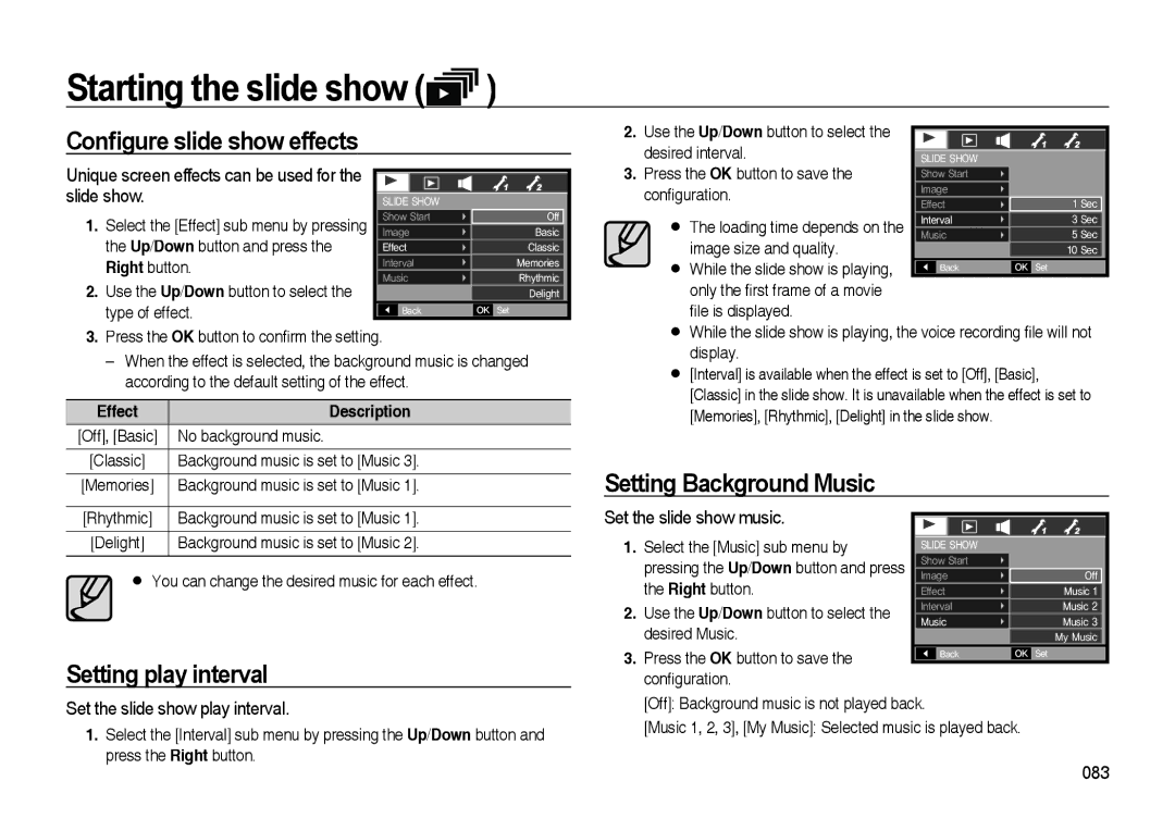 Samsung EC-I85ZZSBA/DE, EC-I85ZZRBA/E2 manual Conﬁgure slide show effects, Setting play interval Setting Background Music 