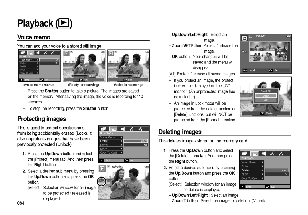 Samsung EC-I85ZZSBA/RU, EC-I85ZZRBA/E2, EC-I85ZZGBA/E2, EC-I85ZZSAA Playback, Voice memo, Protecting images, Deleting images 