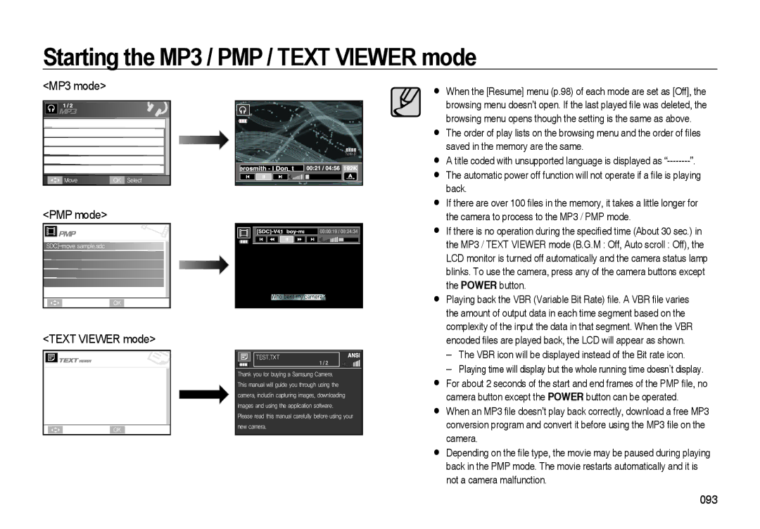 Samsung EC-I85ZZBBA/SP manual MP3 mode, PMP mode, Text Viewer mode, VBR icon will be displayed instead of the Bit rate icon 