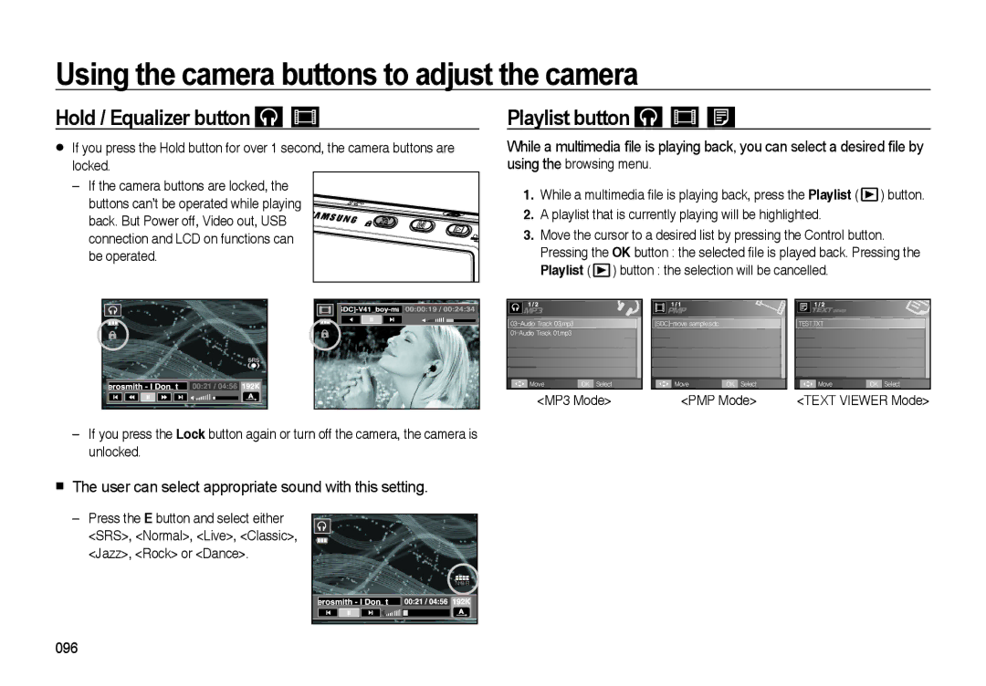 Samsung EC-I85ZZGBA/E2 Hold / Equalizer button, Playlist button,  The user can select appropriate sound with this setting 