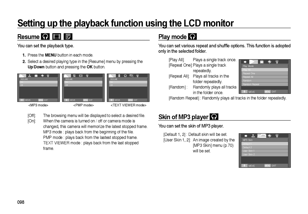 Samsung EC-I85ZZBBA/E1, EC-I85ZZRBA/E2, EC-I85ZZGBA/E2 Resume, Play mode, Skin of MP3 player, You can set the playback type 