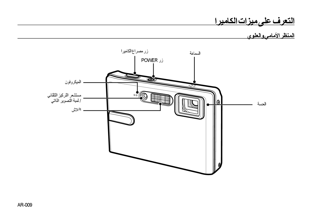 Samsung EC-I85ZZBBA/E2 manual ﺍﺮﻴﻣﺎﻜﻟﺍ ﺕﺍﺰﻴﻣ ﻰﻠﻋ ﻑﺮﻌﺘﻟﺍ, ﻱﻮﻠﻌﻟﺍﻭ ﻲﻣﺎﻣﻷﺍ ﺮﻈﻨﻤﻟﺍ, ﺍﺮﻴﻣﺎﻜﻟﺍ ﻉﺍﺮﺼﻣ ﺭﺯ, Power ﺭﺯ ﻥﻮﻓﻭﺮﻜﻴﻤﻟﺍ 