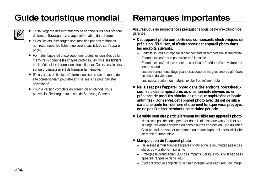 Samsung EC-I85ZZRBA/E2, EC-I85ZZGBA/E2, EC-I85ZZBBA/E3, EC-I85ZZBBA/E1 Guide touristique mondial Remarques importantes, 104 