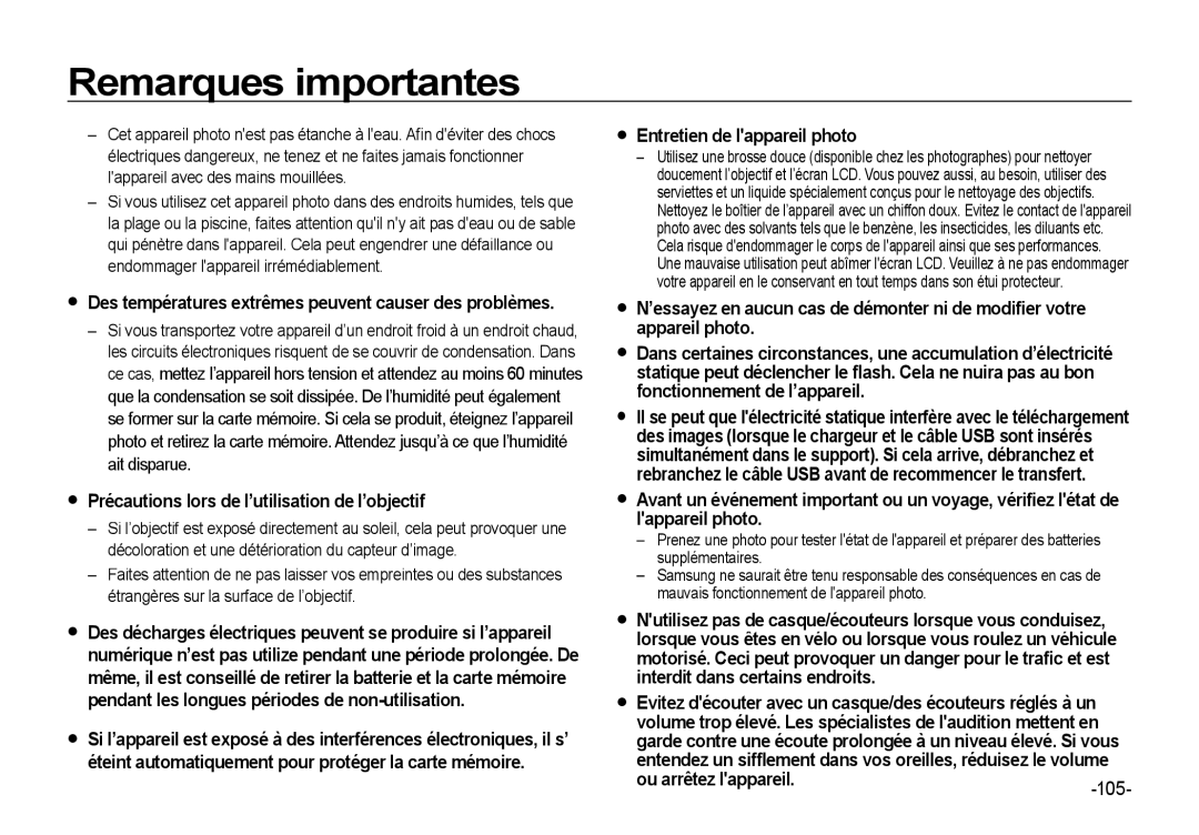 Samsung EC-I85ZZGBA/E2, EC-I85ZZRBA/E2 Remarques importantes,  Des températures extrêmes peuvent causer des problèmes 