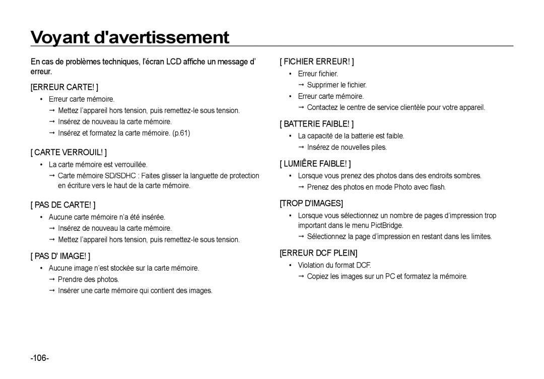 Samsung EC-I85ZZBBA/E3, EC-I85ZZRBA/E2, EC-I85ZZGBA/E2, EC-I85ZZBBA/E1, EC-I85ZZRBA/E1 Voyant davertissement, Erreur, 106 