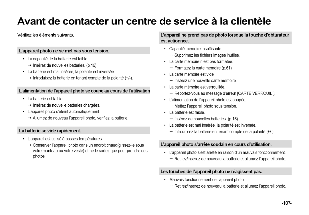 Samsung EC-I85ZZBBA/E1 manual Avant de contacter un centre de service à la clientèle, Vériﬁ ez les éléments suivants, 107 