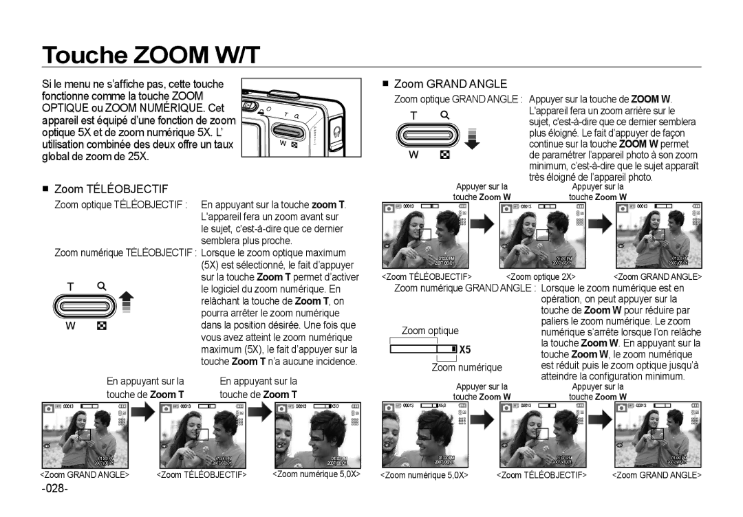 Samsung EC-I85ZZBBA/E3, EC-I85ZZRBA/E2, EC-I85ZZGBA/E2 manual Touche Zoom W/T,  Zoom Téléobjectif,  Zoom Grand Angle, 028 