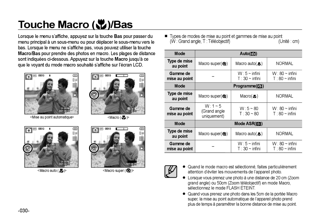 Samsung EC-I85ZZRBA/E1 manual Touche Macro /Bas, 030, Mode Type de mise Au point Gamme de Mise au point, Macro super, Auto 