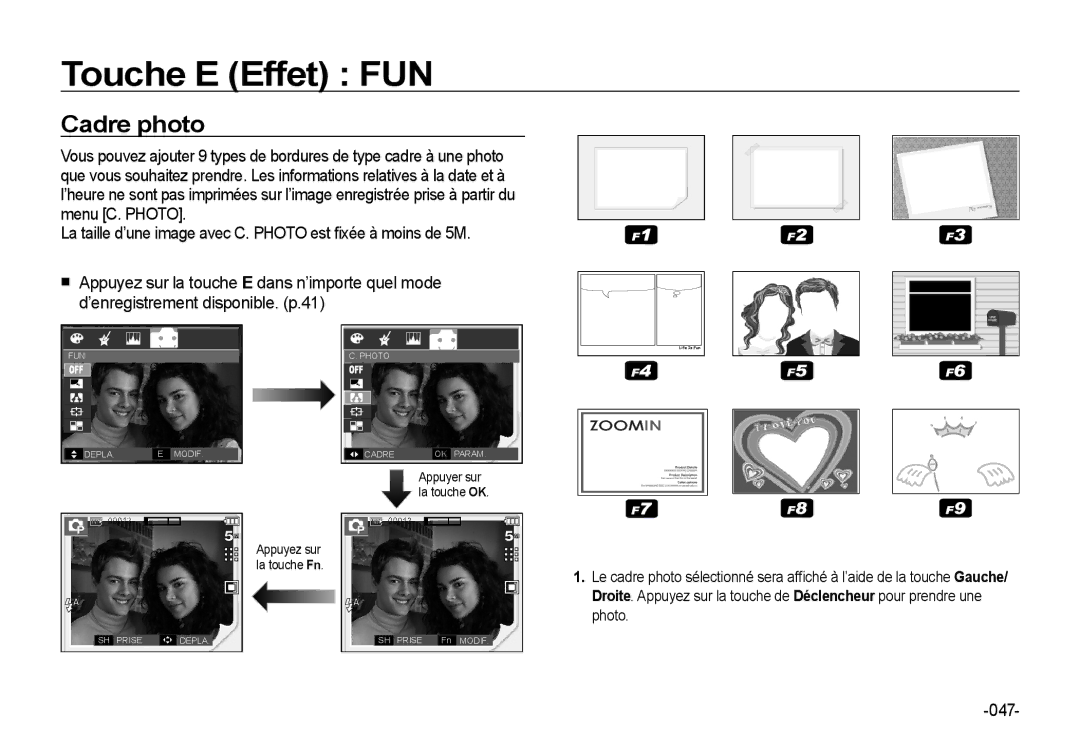 Samsung EC-I85ZZRBA/E3, EC-I85ZZRBA/E2, EC-I85ZZGBA/E2, EC-I85ZZBBA/E3, EC-I85ZZBBA/E1, EC-I85ZZRBA/E1 manual Cadre photo, 047 