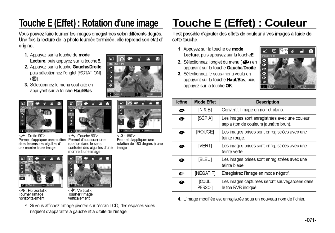 Samsung EC-I85ZZGBA/E1, EC-I85ZZRBA/E2, EC-I85ZZGBA/E2, EC-I85ZZBBA/E3 manual 071, Lecture, puis appuyez sur la touche E 