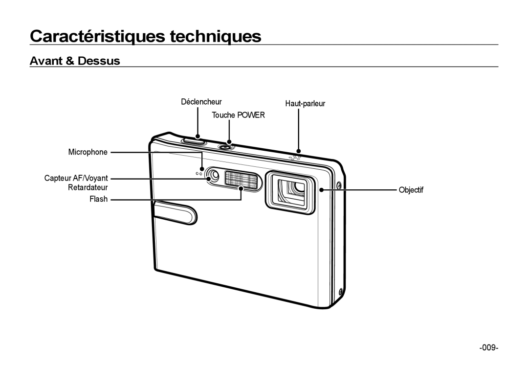 Samsung EC-I85ZZBBA/E2 manual Caractéristiques techniques, Avant & Dessus, Déclencheur Haut-parleur Touche Power Microphone 