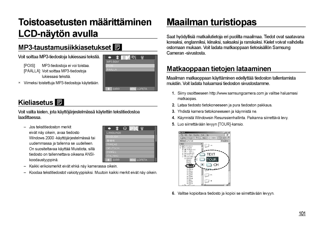 Samsung EC-I85ZZGBA/E2 Maailman turistiopas, MP3-taustamusiikkiasetukset, Matkaoppaan tietojen lataaminen, Kieliasetus 