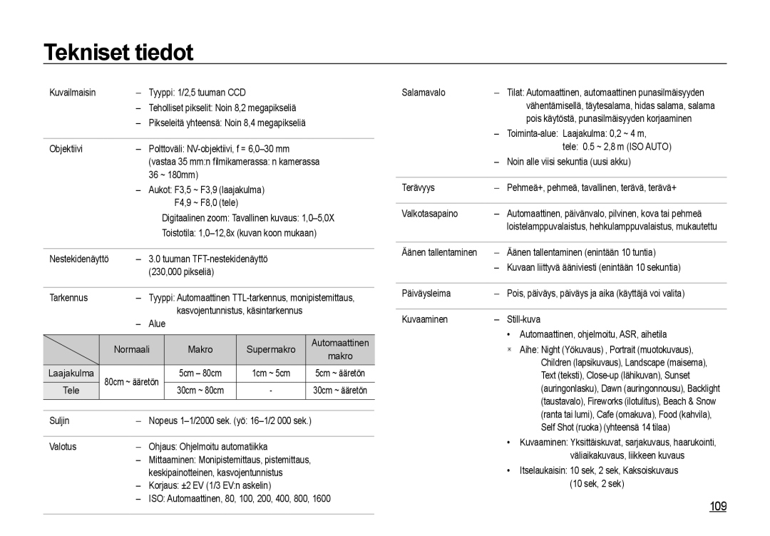 Samsung EC-I85ZZBBA/E2, EC-I85ZZRBA/E2, EC-I85ZZGBA/E2, EC-I85ZZBBA/E3, EC-I85ZZSBA/E2 manual Tekniset tiedot, 109 