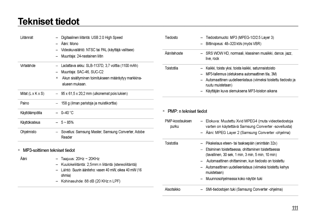 Samsung EC-I85ZZGBA/E2, EC-I85ZZRBA/E2, EC-I85ZZBBA/E3 manual 111,  MP3-soittimen tekniset tiedot,  PMP n tekniset tiedot 