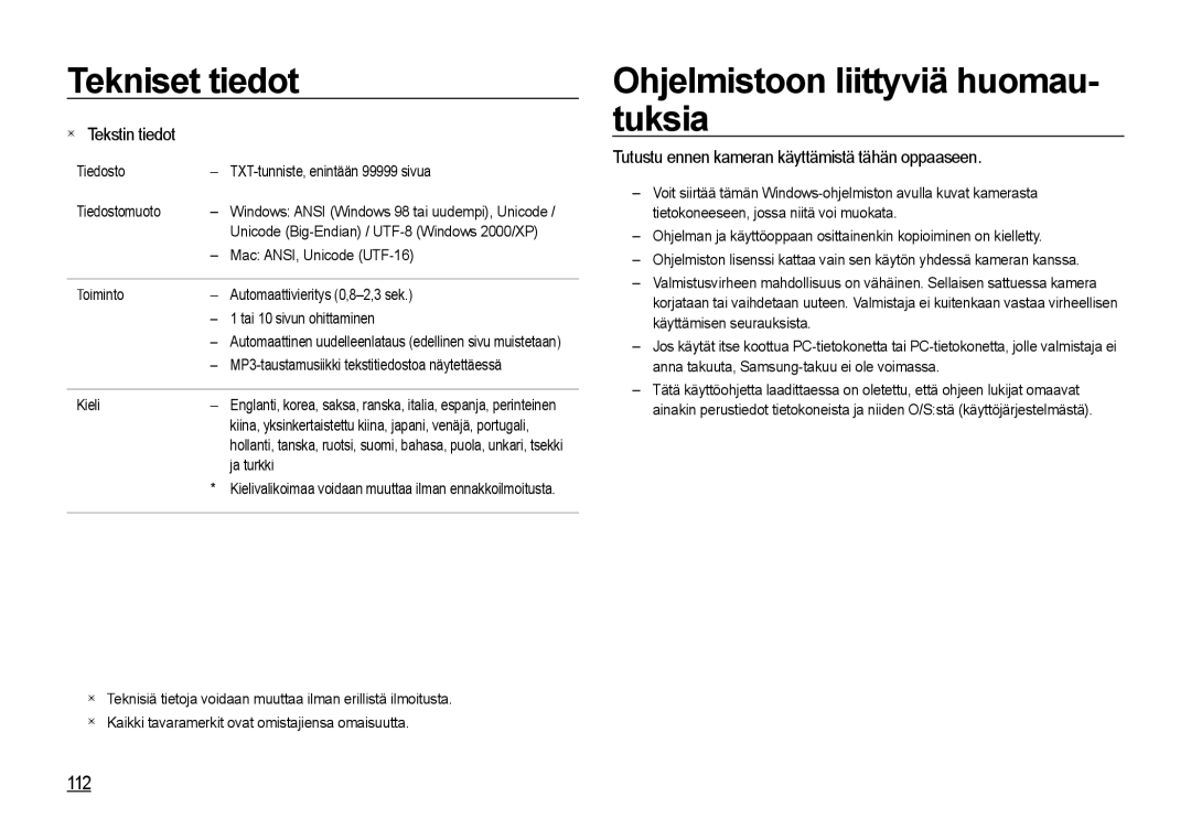 Samsung EC-I85ZZBBA/E3, EC-I85ZZRBA/E2, EC-I85ZZGBA/E2 manual Ohjelmistoon liittyviä huomau- tuksia, 112,  Tekstin tiedot 