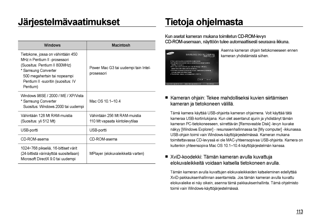 Samsung EC-I85ZZSBA/E2, EC-I85ZZRBA/E2, EC-I85ZZGBA/E2 Järjestelmävaatimukset Tietoja ohjelmasta, 113, Windows, Macintosh 