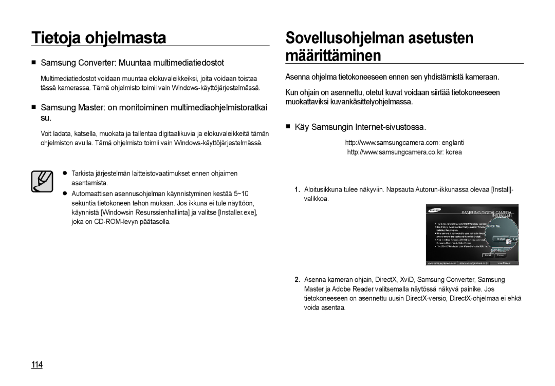 Samsung EC-I85ZZBBA/E2 manual  Samsung Converter Muuntaa multimediatiedostot,  Käy Samsungin Internet-sivustossa, 114 