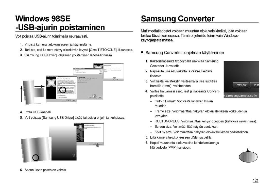 Samsung EC-I85ZZGBA/E2 manual Windows 98SE USB-ajurin poistaminen,  Samsung Converter -ohjelman käyttäminen, 121 