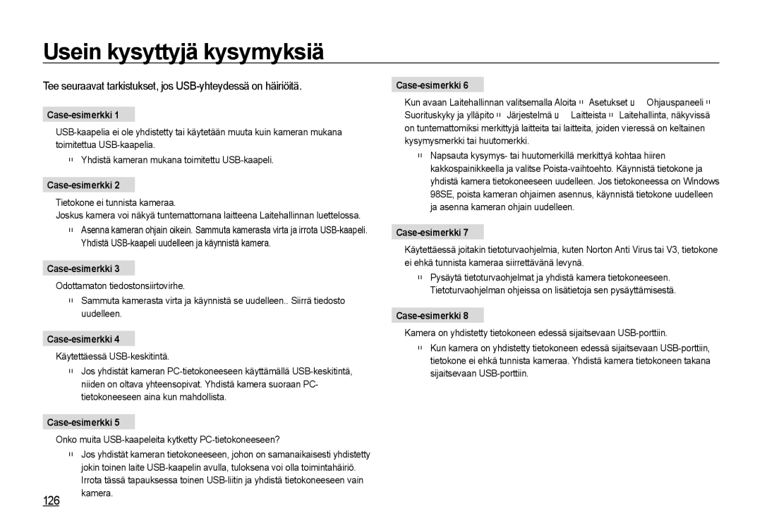 Samsung EC-I85ZZGBA/E2 manual Usein kysyttyjä kysymyksiä, 126, Tee seuraavat tarkistukset, jos USB-yhteydessä on häiriöitä 