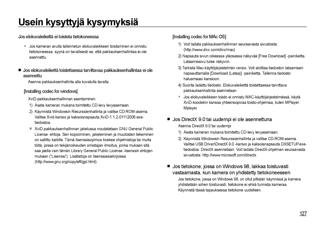 Samsung EC-I85ZZBBA/E3, EC-I85ZZRBA/E2  Jos DirectX 9.0 tai uudempi ei ole asennettuna, 127, Installing codec for windows 