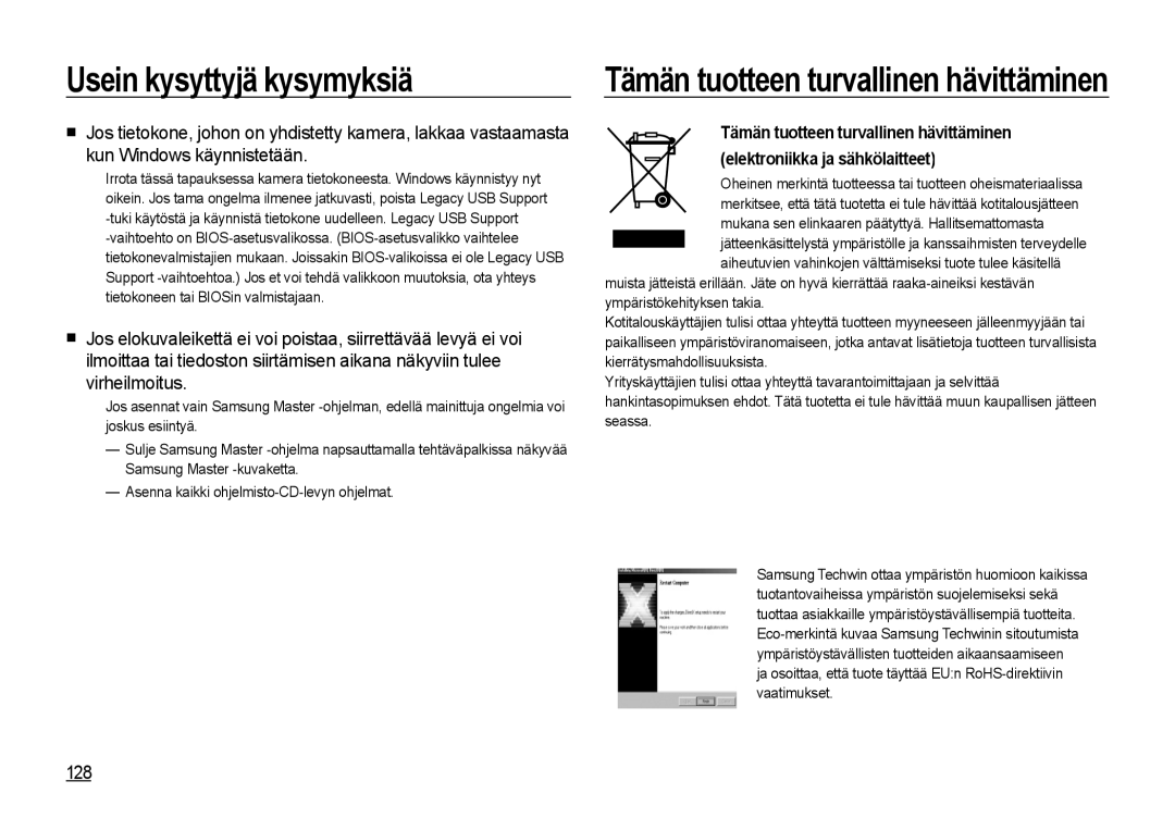 Samsung EC-I85ZZSBA/E2, EC-I85ZZRBA/E2, EC-I85ZZGBA/E2, EC-I85ZZBBA/E3 manual Tämän tuotteen turvallinen hävittäminen, 128 