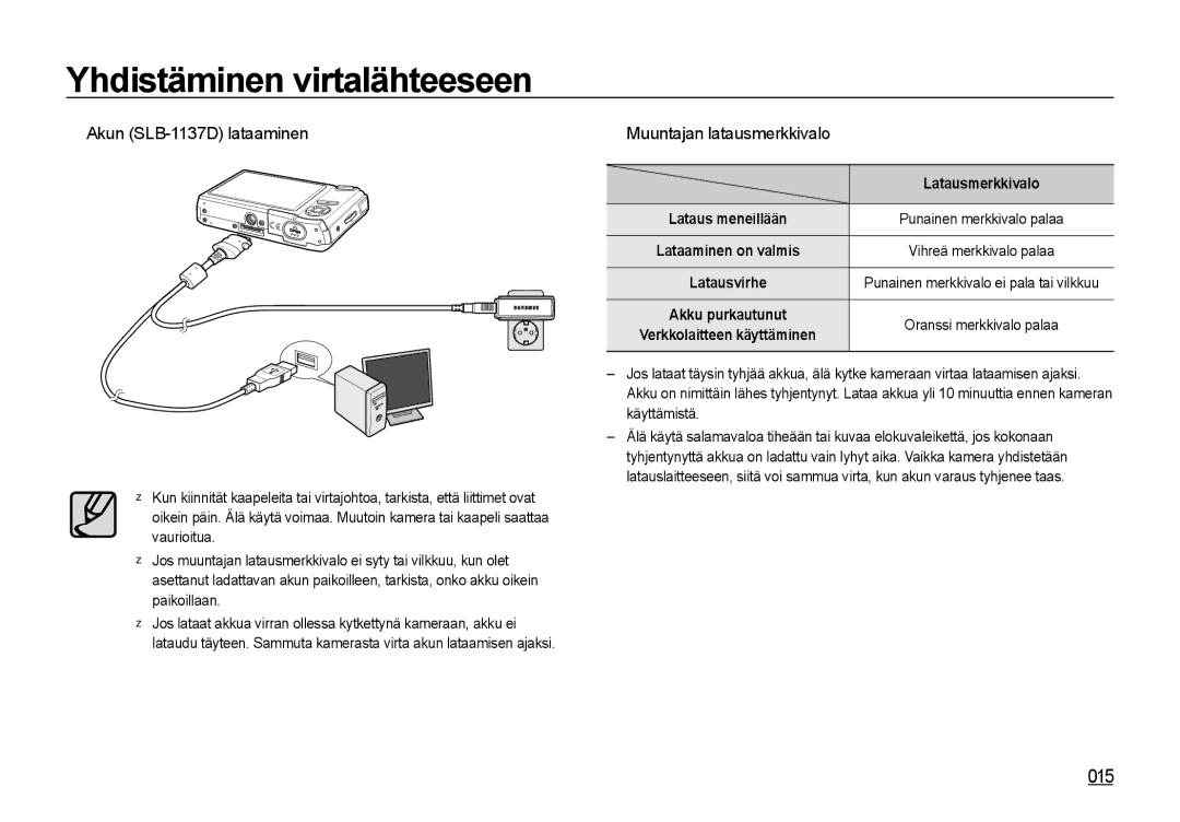 Samsung EC-I85ZZRBA/E2, EC-I85ZZGBA/E2, EC-I85ZZBBA/E3 manual 015,  Akun SLB-1137D lataaminen,  Muuntajan latausmerkkivalo 