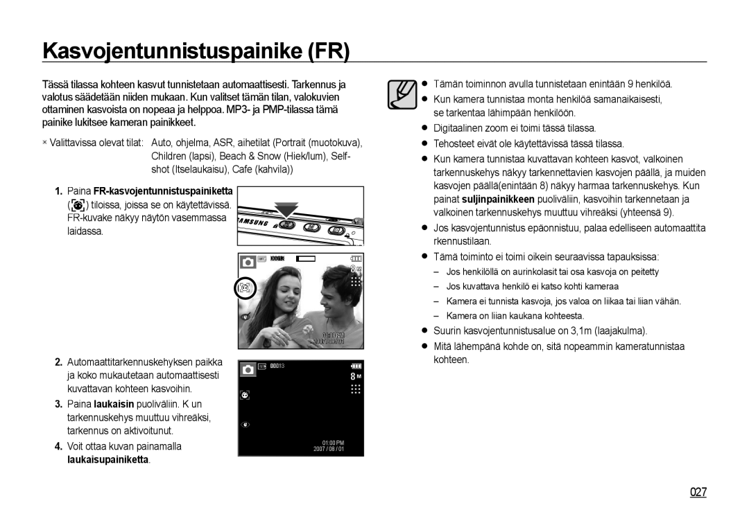 Samsung EC-I85ZZBBA/E3, EC-I85ZZRBA/E2 manual Kasvojentunnistuspainike FR, 027, Paina FR-kasvojentunnistuspainiketta 