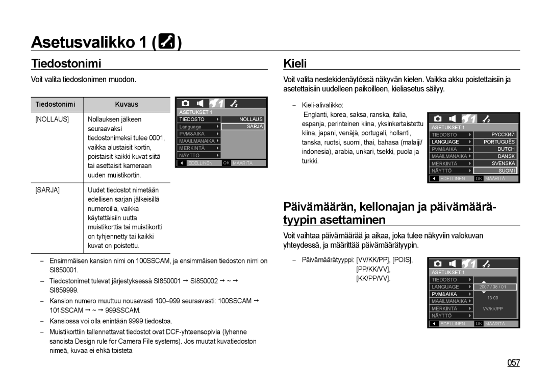 Samsung EC-I85ZZBBA/E3 Asetusvalikko, Tiedostonimi, Kieli, Päivämäärän, kellonajan ja päivämäärä- tyypin asettaminen, 057 