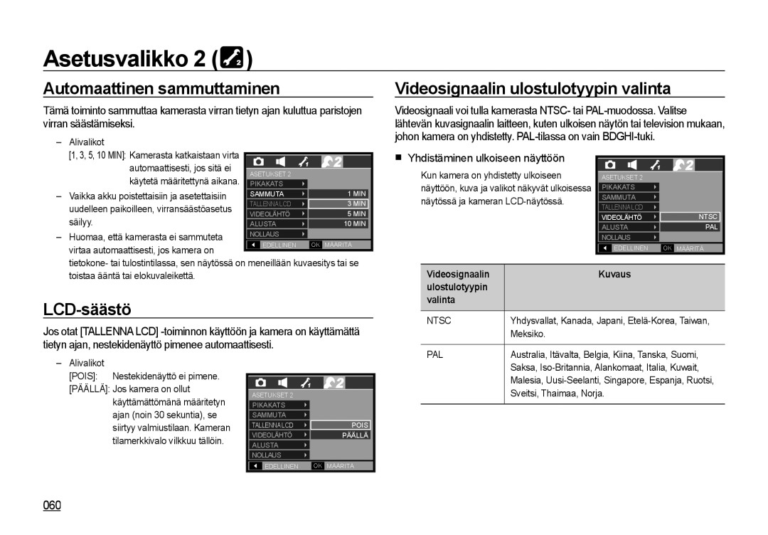 Samsung EC-I85ZZRBA/E2, EC-I85ZZGBA/E2 Automaattinen sammuttaminen, Videosignaalin ulostulotyypin valinta, LCD-säästö, 060 