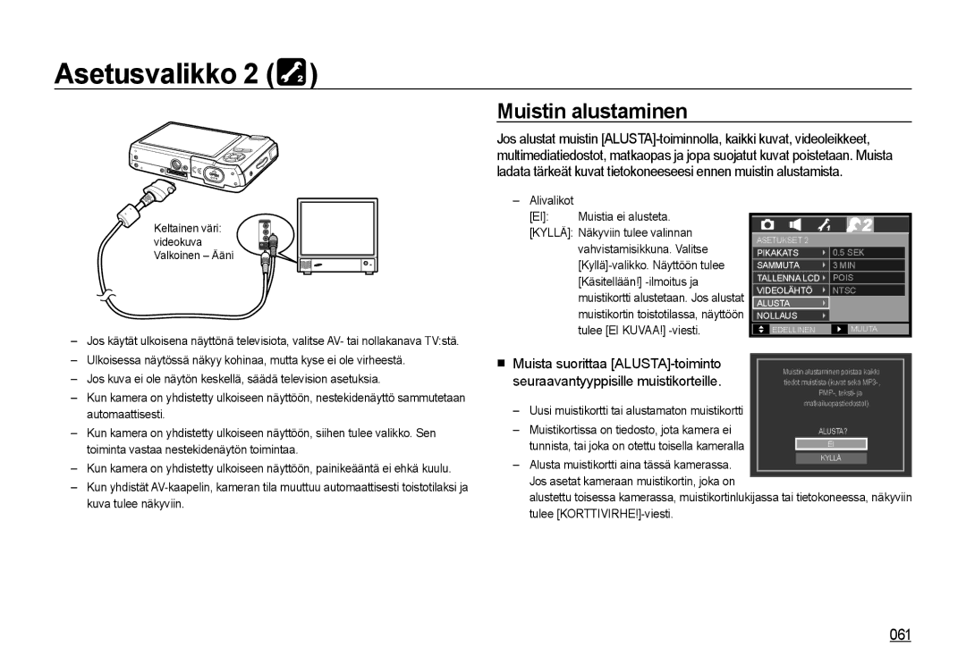 Samsung EC-I85ZZGBA/E2 manual Muistin alustaminen, 061, Jos kuva ei ole näytön keskellä, säädä television asetuksia 