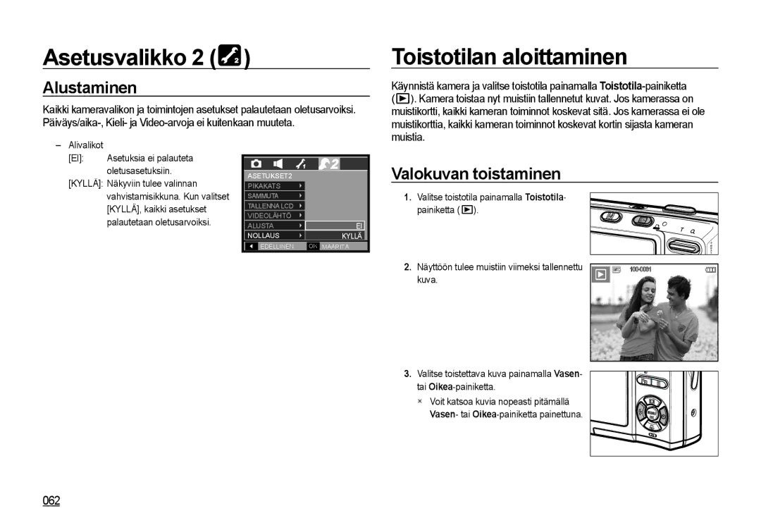 Samsung EC-I85ZZBBA/E3, EC-I85ZZRBA/E2 manual Toistotilan aloittaminen, Alustaminen, Valokuvan toistaminen, 062, Kuva 