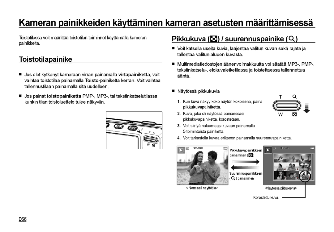 Samsung EC-I85ZZGBA/E2 Toistotilapainike, Pikkukuva / suurennuspainike, 066, Kun kuva näkyy koko näytön kokoisena, paina 