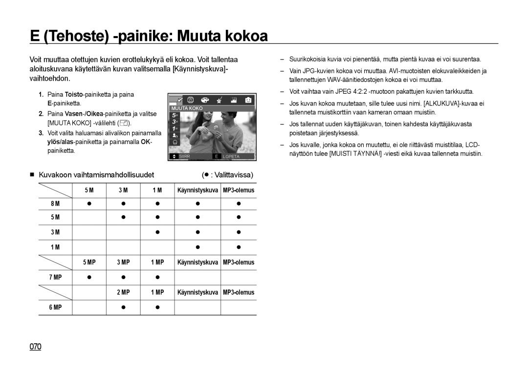 Samsung EC-I85ZZRBA/E2, EC-I85ZZGBA/E2 manual Tehoste -painike Muuta kokoa, 070,  Kuvakoon vaihtamismahdollisuudet 