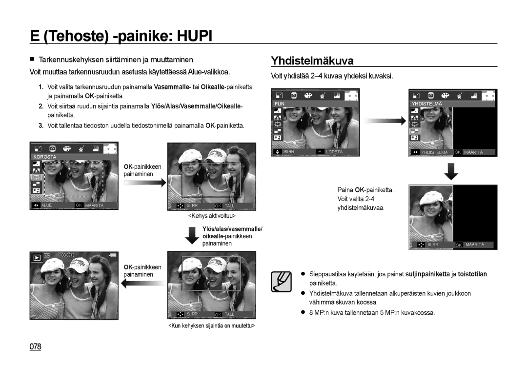 Samsung EC-I85ZZSBA/E2, EC-I85ZZRBA/E2, EC-I85ZZGBA/E2 manual Yhdistelmäkuva, 078, Voit yhdistää 2-4 kuvaa yhdeksi kuvaksi 