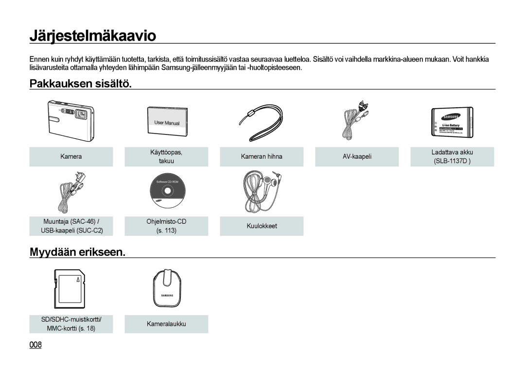 Samsung EC-I85ZZSBA/E2, EC-I85ZZRBA/E2, EC-I85ZZGBA/E2 manual Järjestelmäkaavio, Pakkauksen sisältö, Myydään erikseen, 008 