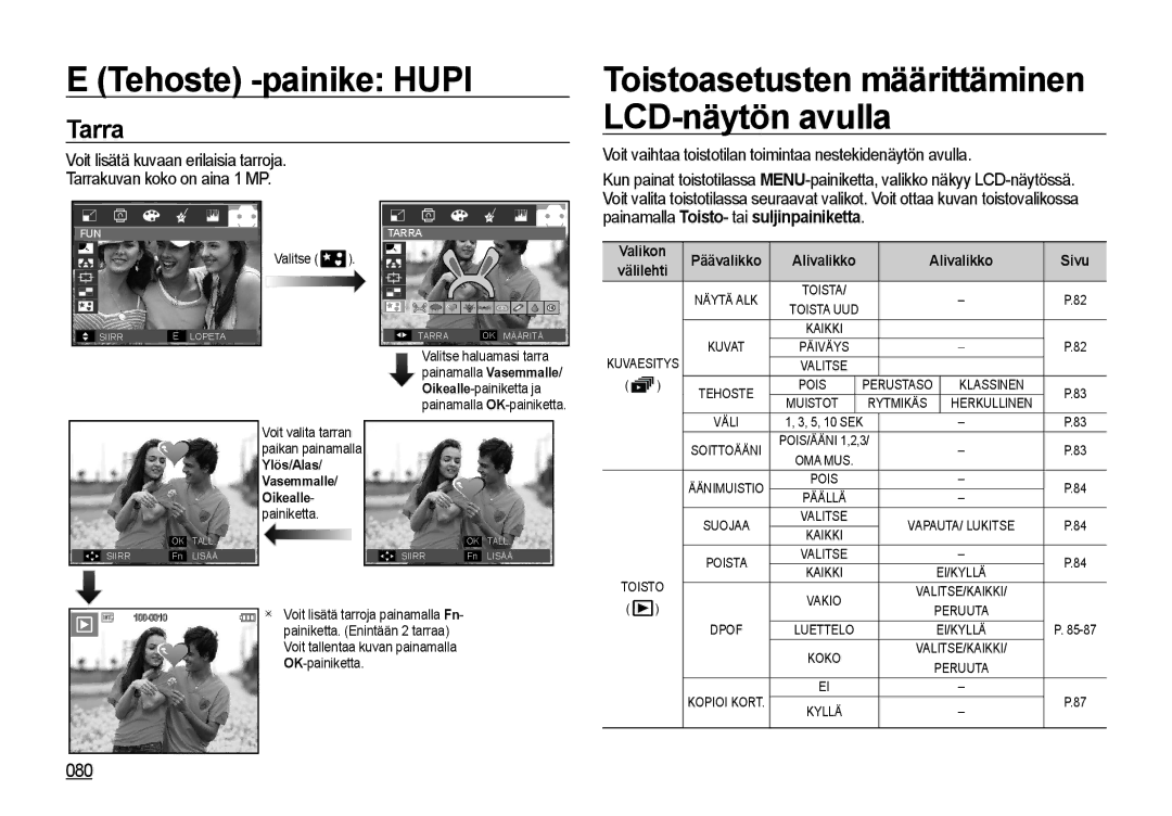 Samsung EC-I85ZZRBA/E2, EC-I85ZZGBA/E2 manual Tarra, 080, Voit vaihtaa toistotilan toimintaa nestekidenäytön avulla 