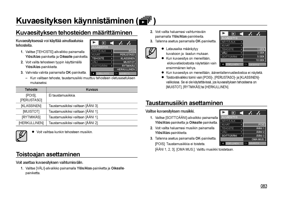 Samsung EC-I85ZZSBA/E2 Kuvaesityksen tehosteiden määrittäminen, Toistoajan asettaminen, Taustamusiikin asettaminen, 083 