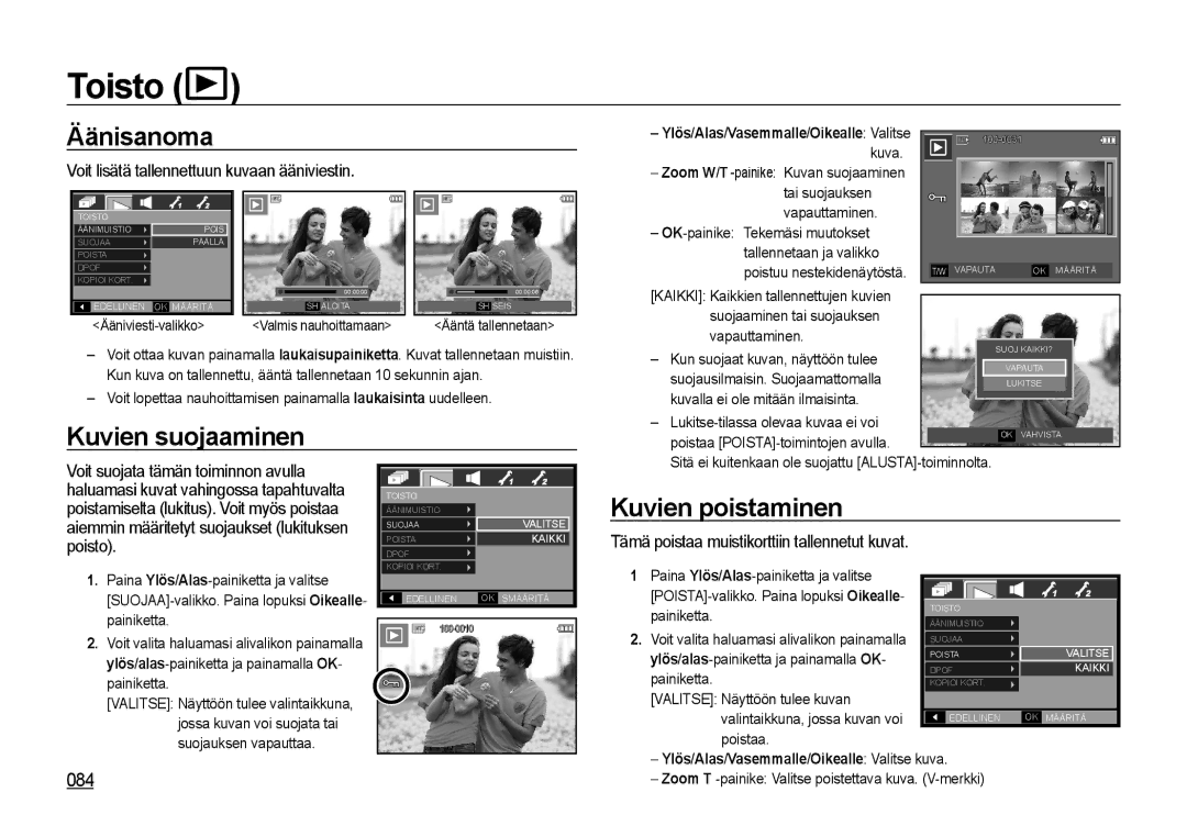 Samsung EC-I85ZZBBA/E2, EC-I85ZZRBA/E2, EC-I85ZZGBA/E2 manual Toisto, Äänisanoma, Kuvien suojaaminen, Kuvien poistaminen, 084 