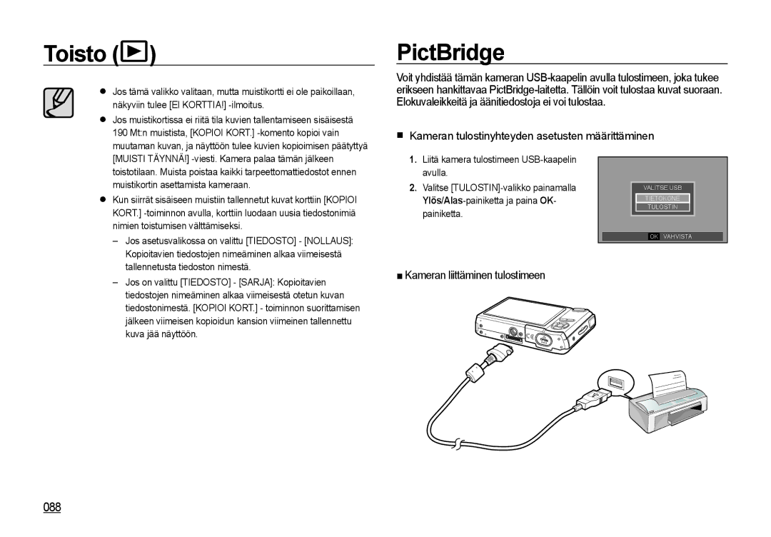 Samsung EC-I85ZZSBA/E2, EC-I85ZZRBA/E2, EC-I85ZZGBA/E2 PictBridge, 088,  Kameran tulostinyhteyden asetusten määrittäminen 