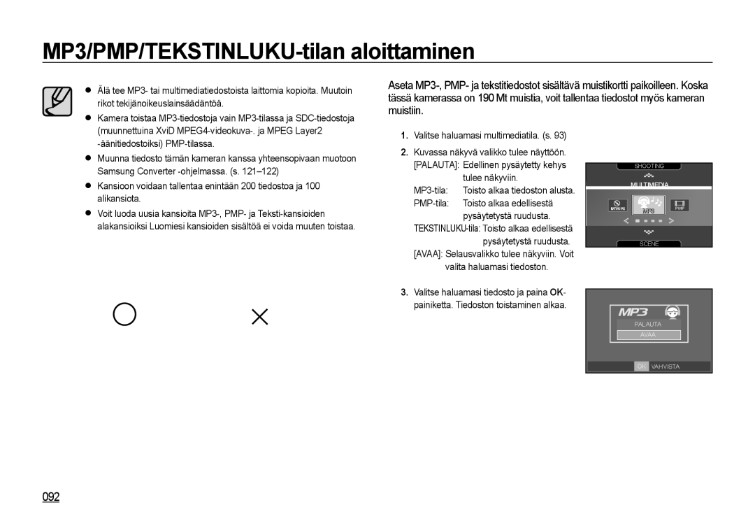 Samsung EC-I85ZZBBA/E3, EC-I85ZZRBA/E2, EC-I85ZZGBA/E2, EC-I85ZZSBA/E2 manual MP3/PMP/TEKSTINLUKU-tilan aloittaminen, 092 