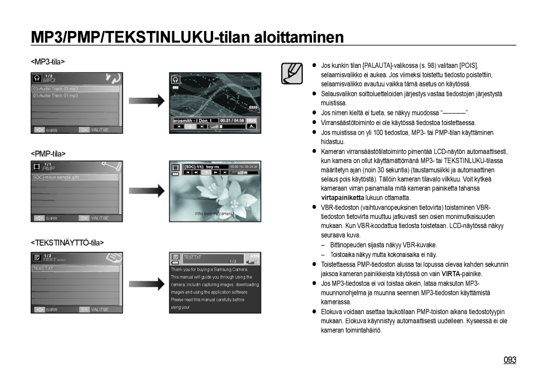 Samsung EC-I85ZZSBA/E2, EC-I85ZZRBA/E2, EC-I85ZZGBA/E2, EC-I85ZZBBA/E3 manual 093, MP3-tila, PMP-tila, TEKSTINÄYTTÖ-tila 