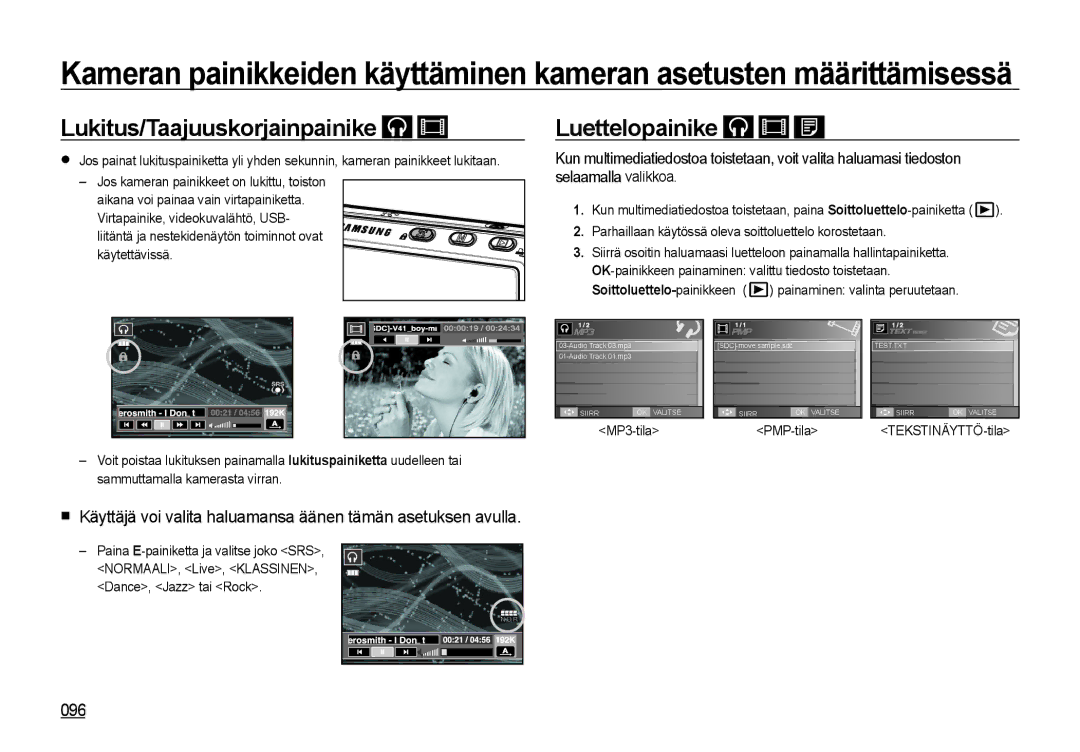 Samsung EC-I85ZZGBA/E2, EC-I85ZZRBA/E2 Lukitus/Taajuuskorjainpainike, Luettelopainike, 096, PMP-tila TEKSTINÄYTTÖ-tila 