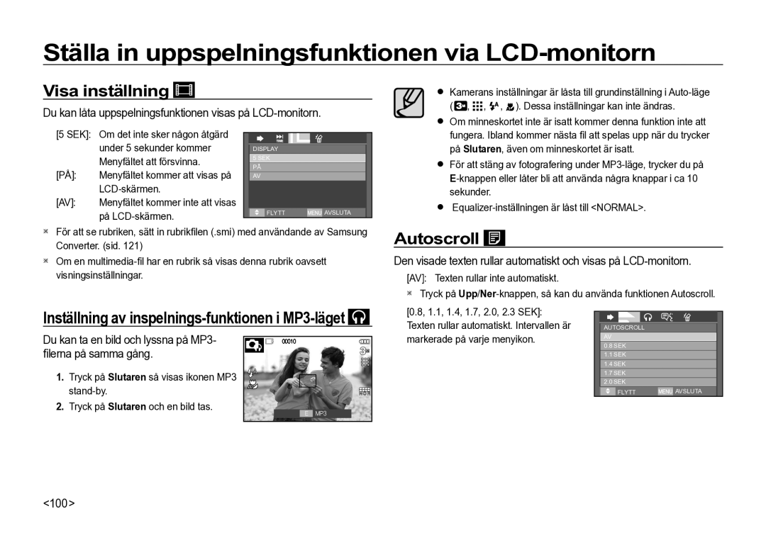 Samsung EC-I85ZZRBA/E2 manual Visa inställning, Autoscroll, Du kan låta uppspelningsfunktionen visas på LCD-monitorn, 100 