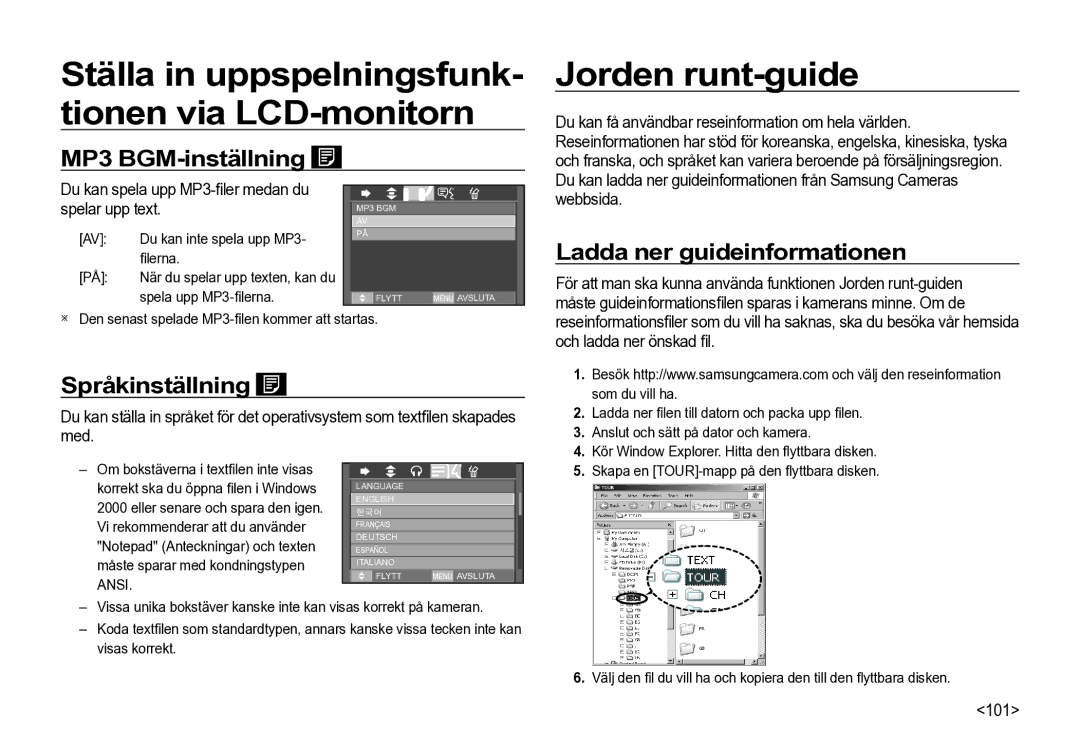 Samsung EC-I85ZZGBA/E2 manual Jorden runt-guide, MP3 BGM-inställning, Ladda ner guideinformationen, Språkinställning 