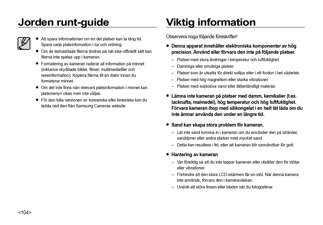 Samsung EC-I85ZZBBA/E2, EC-I85ZZRBA/E2, EC-I85ZZGBA/E2 manual Viktig information, Observera noga följande föreskrifter, 104 